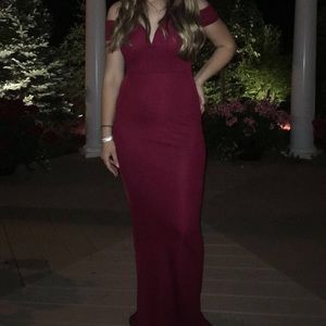 Burgundy Bardot v plunge maxi dress off shoulder